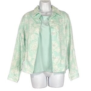 Hearts of Palm Jacket Set Women 12 Mint Green Floral Button Front Cotton Stretch